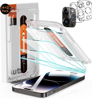 iPhone 14 Pro Screen Protector Dimond Hard Tempered Glass Film[10X Military Shockproof], with Speaker Shield and Auto-Alignment Kit [Case Friendly][ Bubble Free]