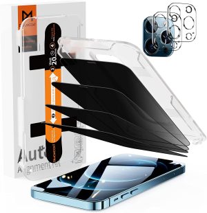 iPhone 12 Pro Max Privacy Screen Protector Dimond Hard Tempered Glass Film[10X Military Shockproof], with Speaker Shield and Auto-Alignment Kit [Case Friendly][ Bubble Free]