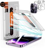 iPhone 14 Pro Max Screen Protector Dimond Hard Tempered Glass Film[10X Military Shockproof], with Speaker Shield and Auto-Alignment Kit [Case Friendly][ Bubble Free]