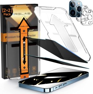 [2+2] Pack iPhone 12 Pro Max Privacy Screen Protector Dimond Hard Tempered Glass Film[10X Military Shockproof], with Auto-Alignment Kit [Case Friendly][ Bubble Free]